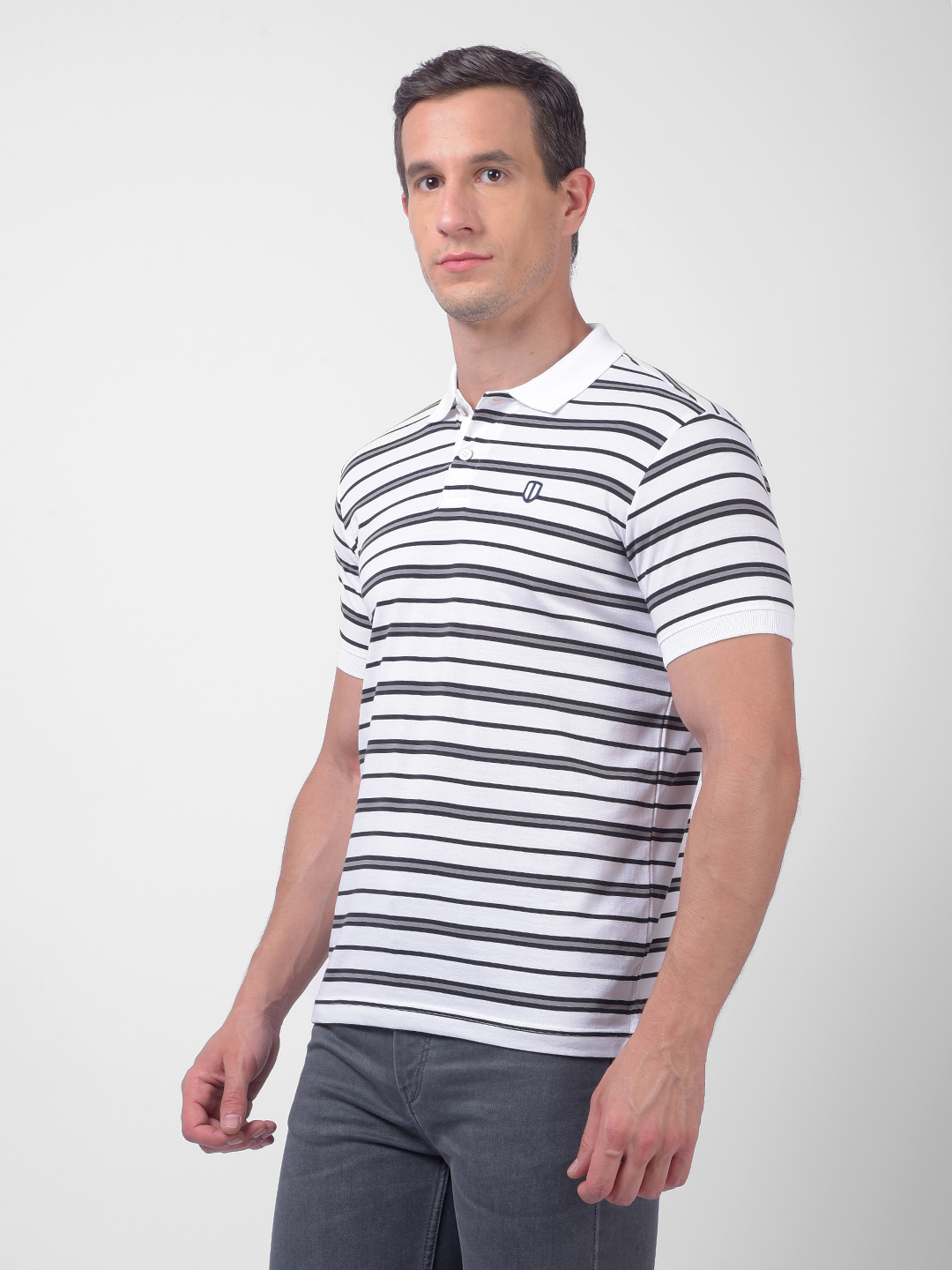 Numero Uno Men White & Black Striped Polo Neck T-Shirt
